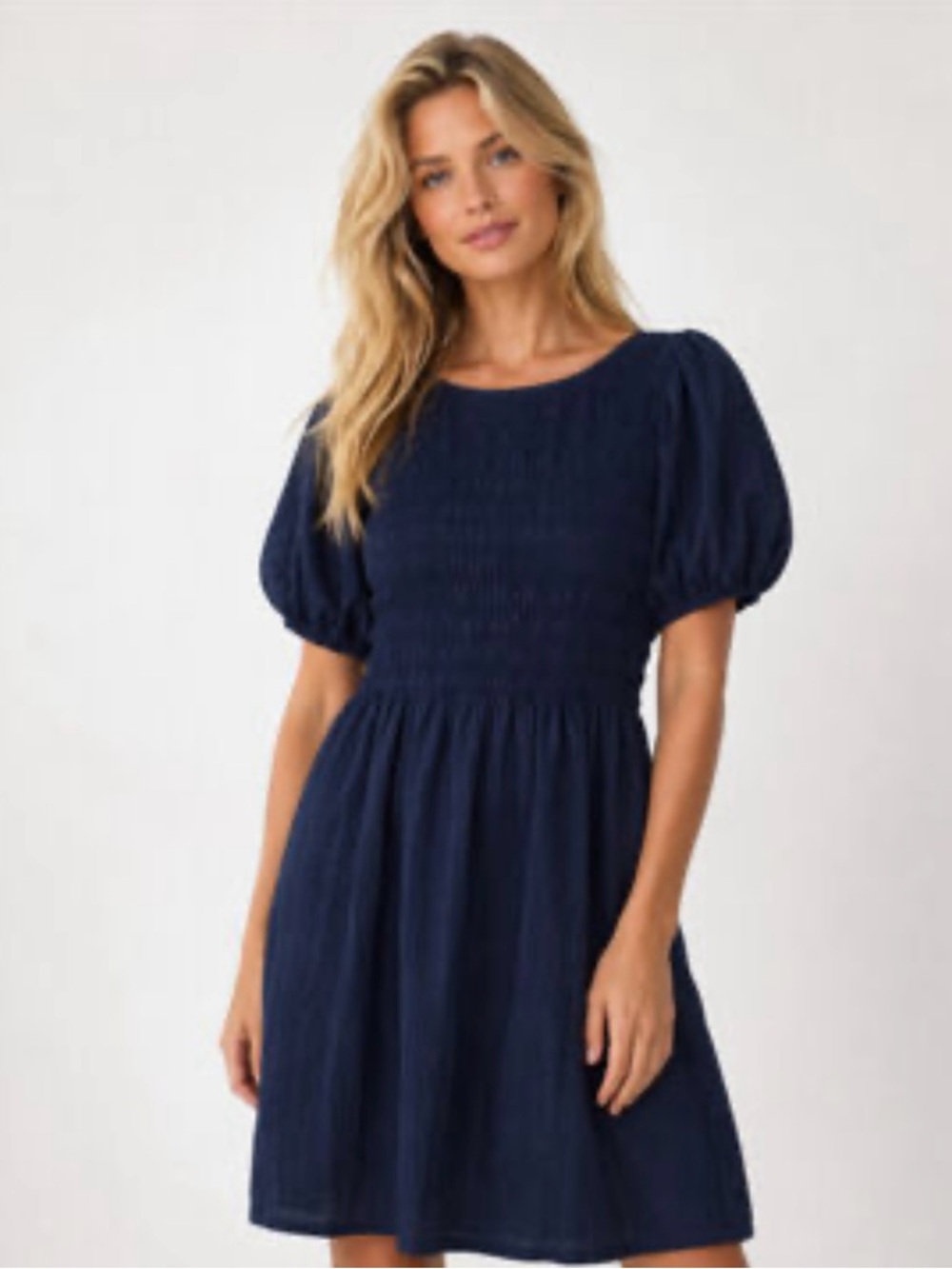 Old Navy Navy Smocked Bodice Puff-Sleeve Dress Medium